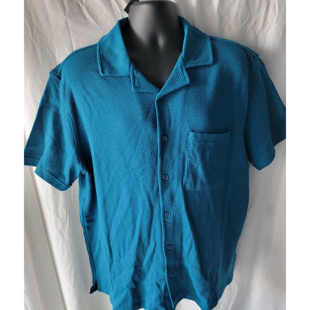 Goodfellow & Co Mens Dark Teal Textured Waffle Knit Camp Collar Shirt XL NWT
